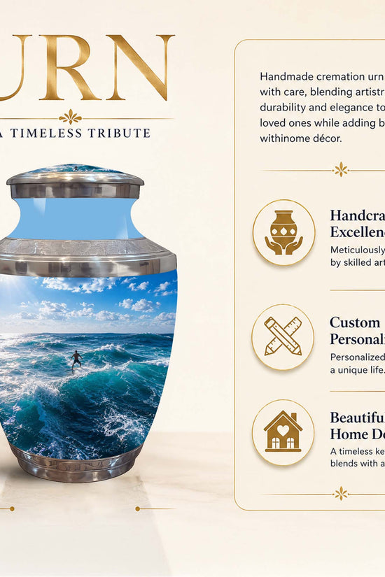 A cremation urn with a printed ocean wave design, shown on a beige promotional background with text describing it as a 10-inch handmade memorial tribute and feature callouts.