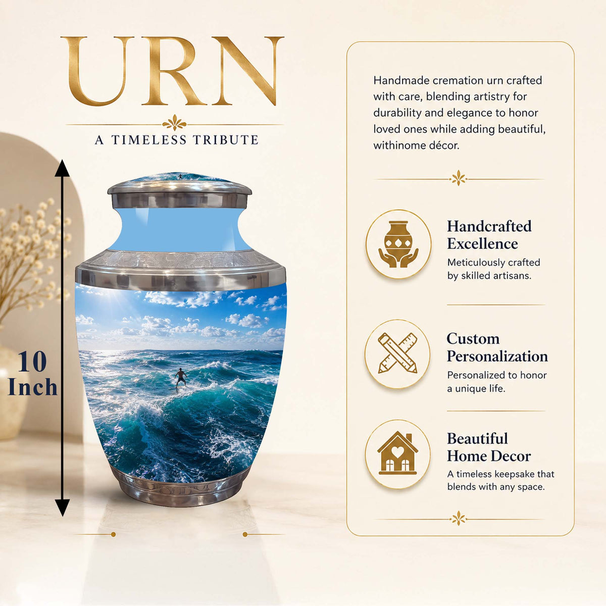 A cremation urn with a printed ocean wave design, shown on a beige promotional background with text describing it as a 10-inch handmade memorial tribute and feature callouts.