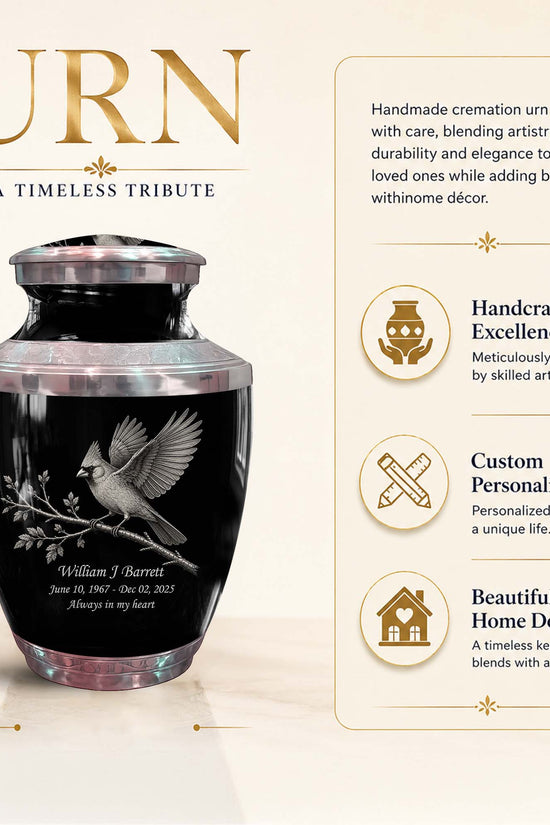 Black Cardinal Bird Cremation Urn - Balck Urn For Men & Women
