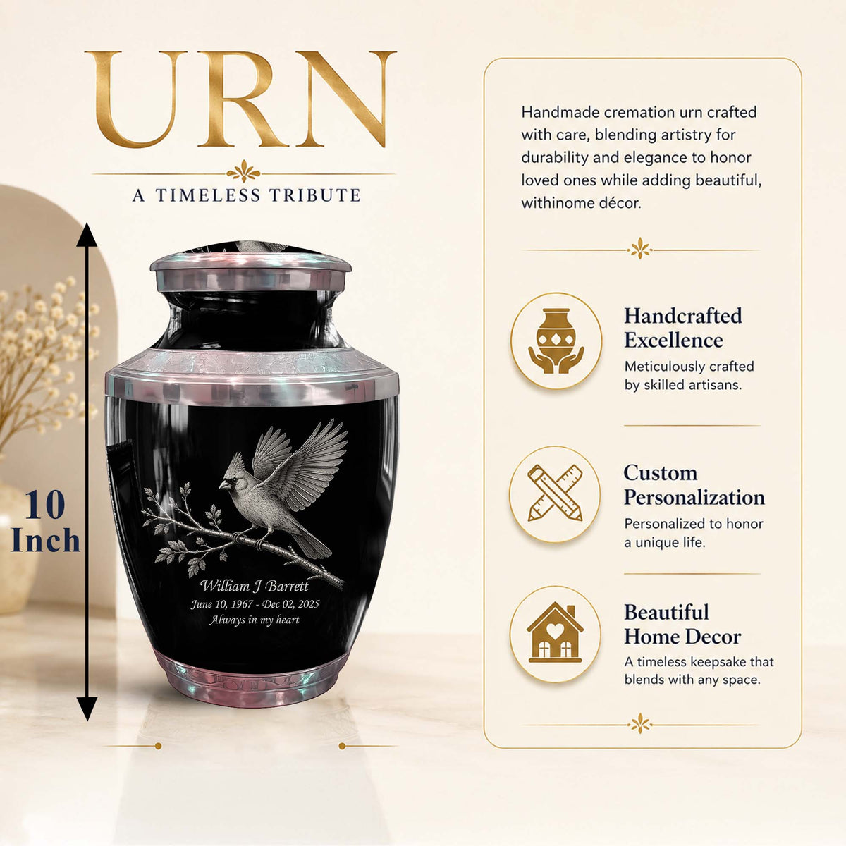 Black Cardinal Bird Cremation Urn - Balck Urn For Men & Women