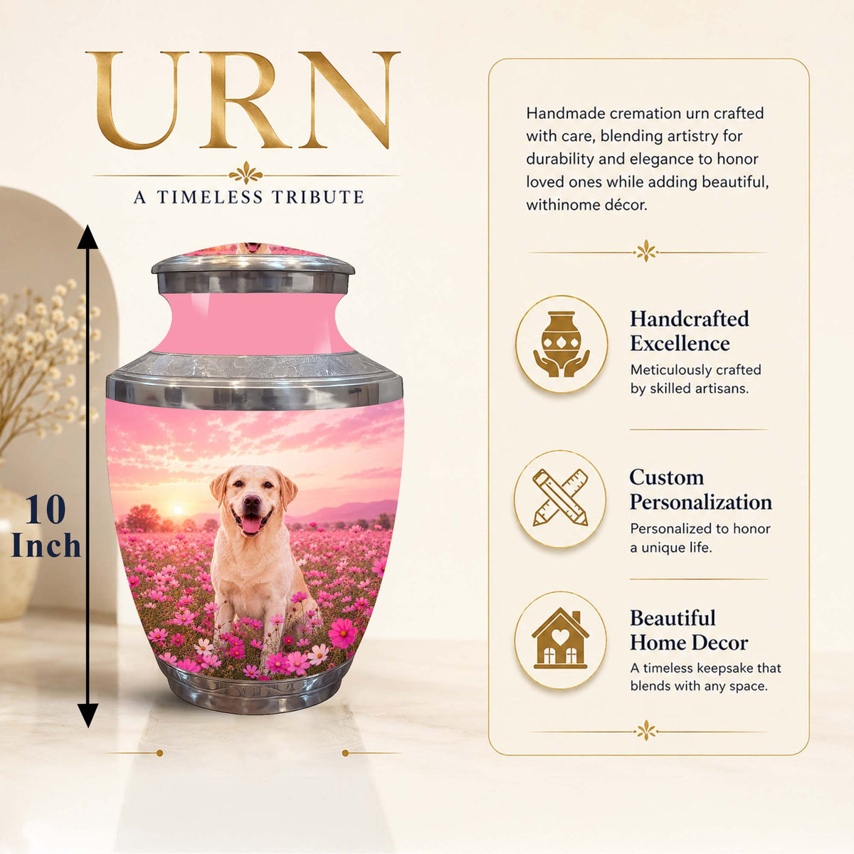 Personalized cremation urn featuring a printed photo of a yellow Labrador retriever in a pink flower field under a pink sunset sky. The urn has a metallic gold lid and a pink top band.