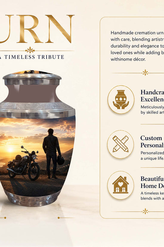 A cremation urn with a printed sunset scene showing a man standing by a motorcycle, displayed on a beige background with product text and feature callouts. The urn is labeled 10 inch tall, with large gold text reading 'URN' and descriptive copy on the right.