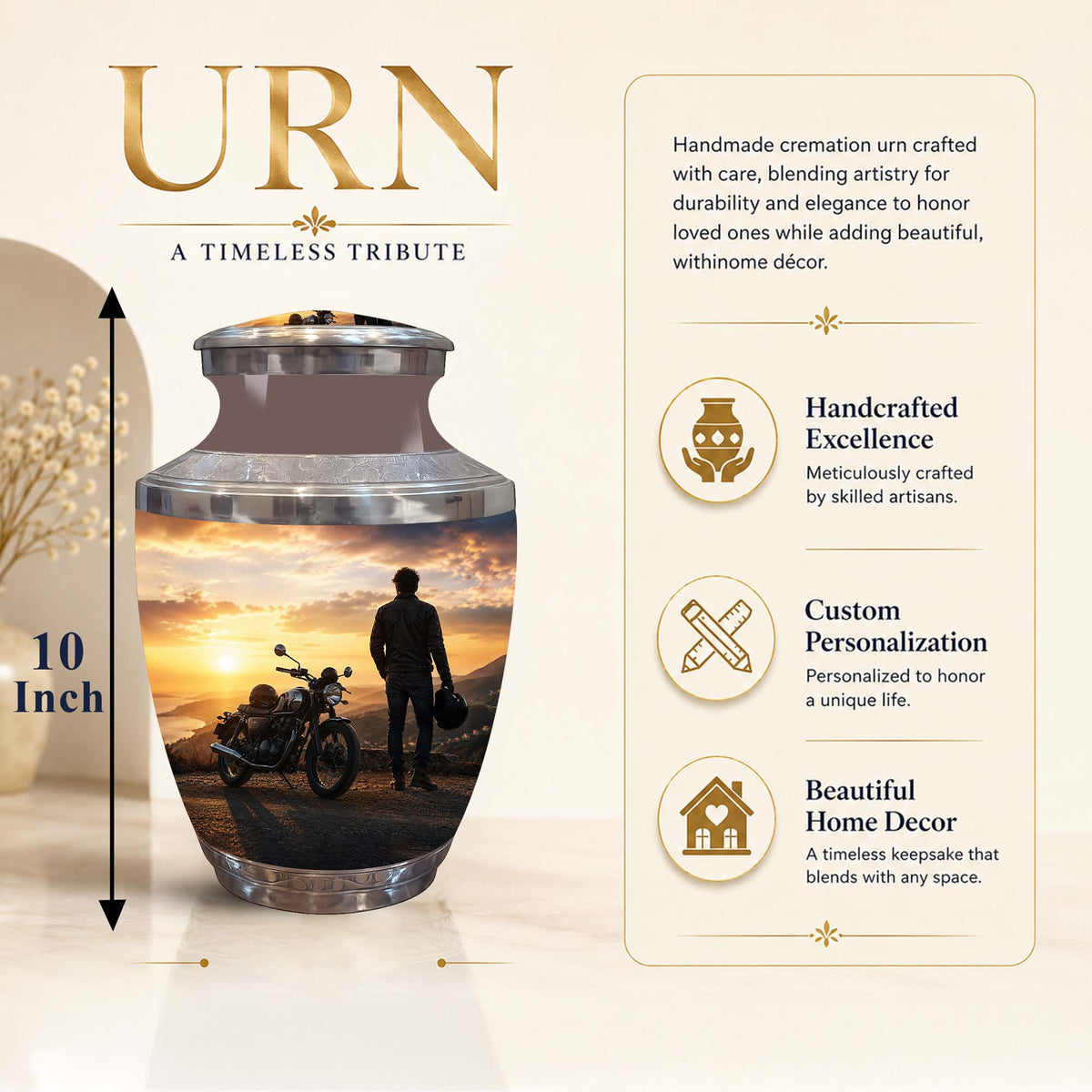 A cremation urn with a printed sunset scene showing a man standing by a motorcycle, displayed on a beige background with product text and feature callouts. The urn is labeled 10 inch tall, with large gold text reading 'URN' and descriptive copy on the right.
