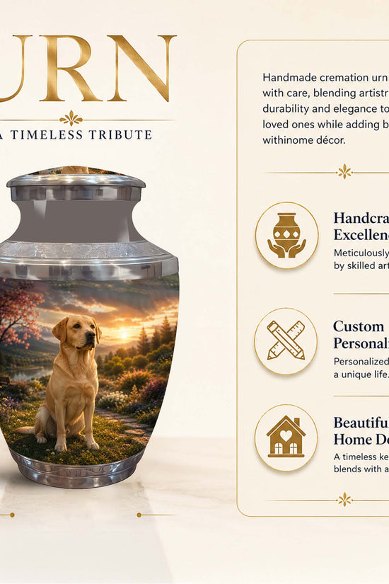 Personalized cremation urn with a printed dog memorial landscape design, shown on a beige background with product text and feature callouts. The urn is labeled 10 inch tall, with large gold 'URN' text and a vertical feature list describing handcrafted excellence, custom personalization, and beautiful home decor.
