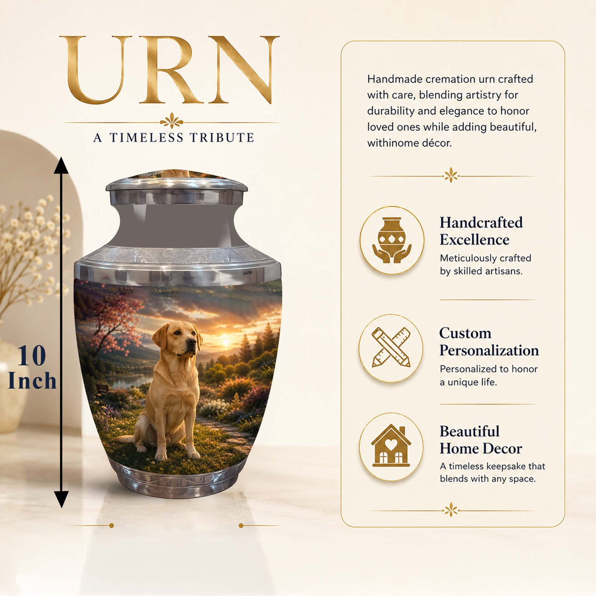 Personalized cremation urn with a printed dog memorial landscape design, shown on a beige background with product text and feature callouts. The urn is labeled 10 inch tall, with large gold 'URN' text and a vertical feature list describing handcrafted excellence, custom personalization, and beautiful home decor.
