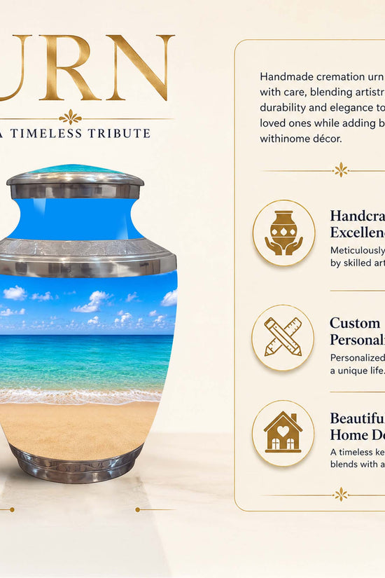 A personalized handmade cremation urn with a beach scene design, featuring a blue sky and ocean on the upper half and golden sand on the lower half. The image includes a 10-inch height measurement on the left and a feature list on the right highlighting handcrafted excellence, custom personalization, and beautiful home decor.