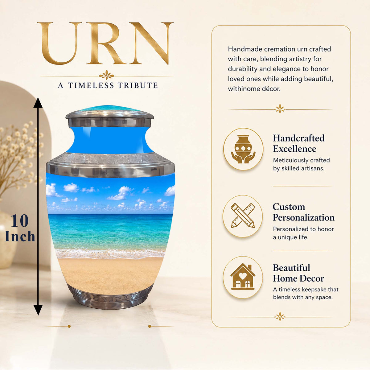 A personalized handmade cremation urn with a beach scene design, featuring a blue sky and ocean on the upper half and golden sand on the lower half. The image includes a 10-inch height measurement on the left and a feature list on the right highlighting handcrafted excellence, custom personalization, and beautiful home decor.