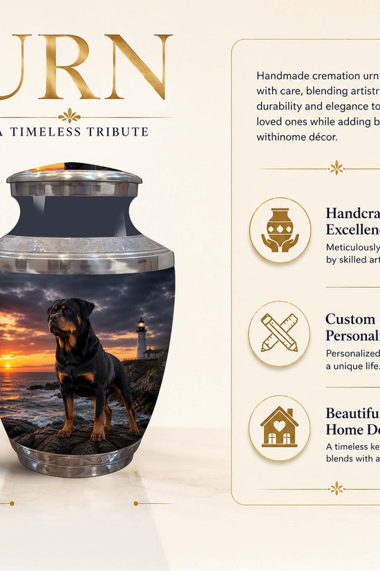 A cremation urn with a sunset ocean scene and a dog printed on the front, shown on a beige promotional background with text describing features such as 10-inch height, handcrafted excellence, custom personalization, and beautiful home decor.