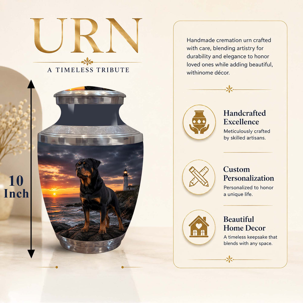 A cremation urn with a sunset ocean scene and a dog printed on the front, shown on a beige promotional background with text describing features such as 10-inch height, handcrafted excellence, custom personalization, and beautiful home decor.