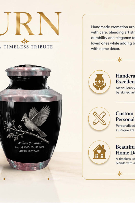Black Cardinal Bird Cremation Urn - Balck Urn For Men & Women