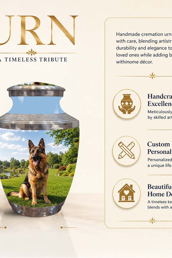 Personalized cremation urn featuring a German Shepherd dog printed on a scenic landscape background, shown with product features and dimensions on a beige background.