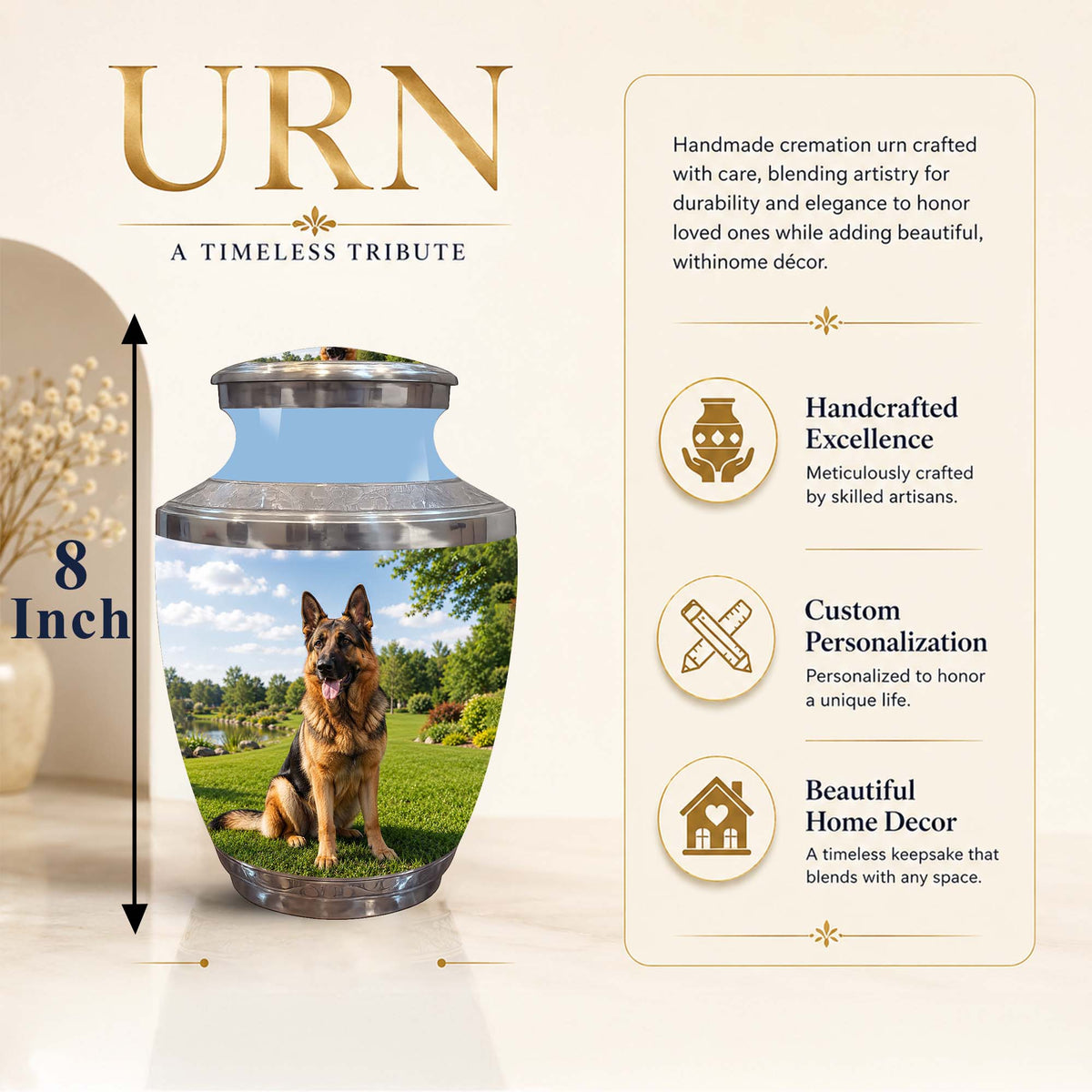 Personalized cremation urn featuring a German Shepherd dog printed on a scenic landscape background, shown with product features and dimensions on a beige background.