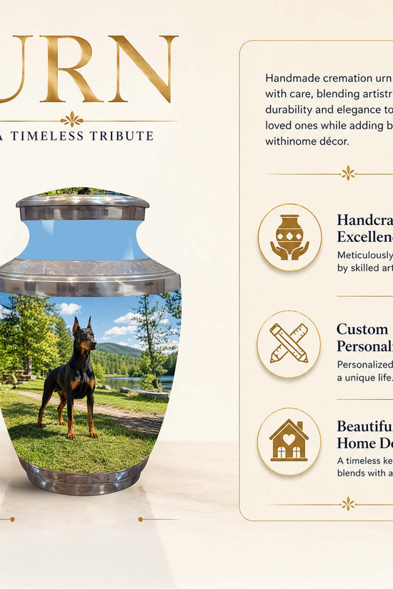 Personalized stainless steel cremation urn with a printed Doberman dog photo on the front, shown on a beige background with marketing text and an 8-inch height measurement.