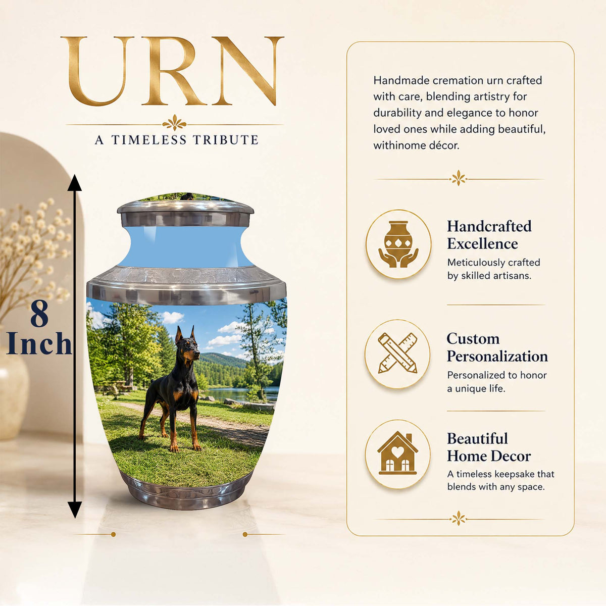 Personalized stainless steel cremation urn with a printed Doberman dog photo on the front, shown on a beige background with marketing text and an 8-inch height measurement.