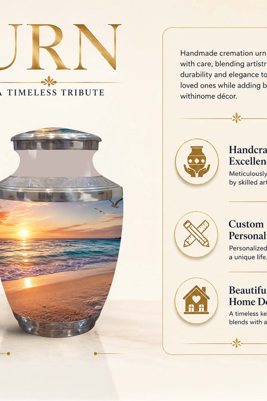 A cremation urn with a beach sunset photo print, shown on a beige promotional background with text describing features and dimensions. The urn has a silver lid and a multicolor print of an ocean beach at sunset.