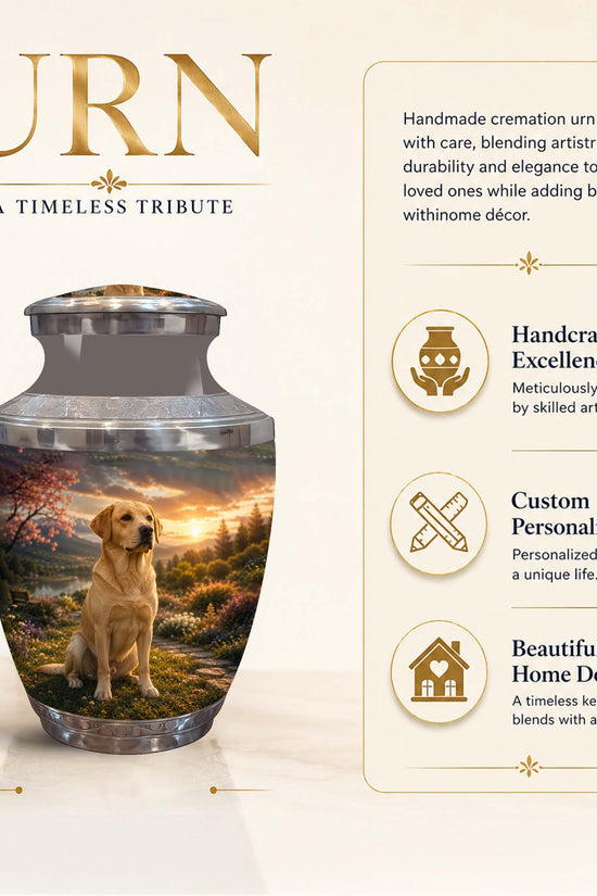 An 8-inch cremation urn with a custom printed image of a yellow Labrador retriever in a golden field at sunset. The urn is displayed on a light beige background with promotional text highlighting its handcrafted excellence, custom personalization, and beautiful home decor appeal.
