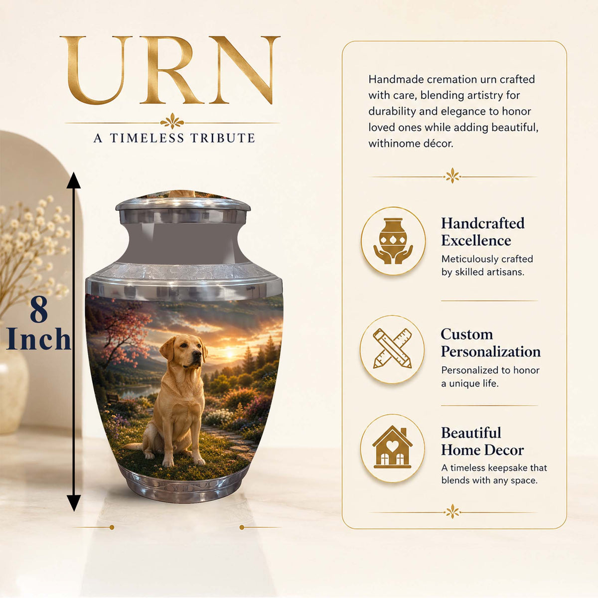 An 8-inch cremation urn with a custom printed image of a yellow Labrador retriever in a golden field at sunset. The urn is displayed on a light beige background with promotional text highlighting its handcrafted excellence, custom personalization, and beautiful home decor appeal.
