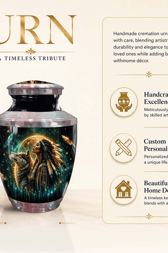 Native American Urn For Women - Wolf Memorial Urn For Ashes
