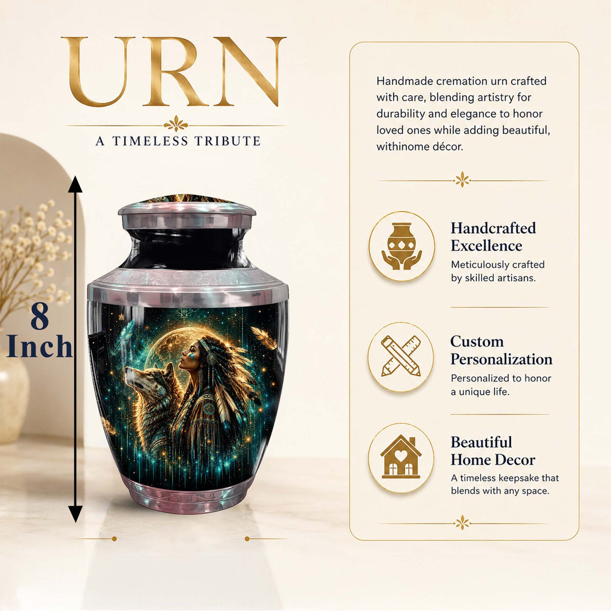 Native American Urn For Women - Wolf Memorial Urn For Ashes
