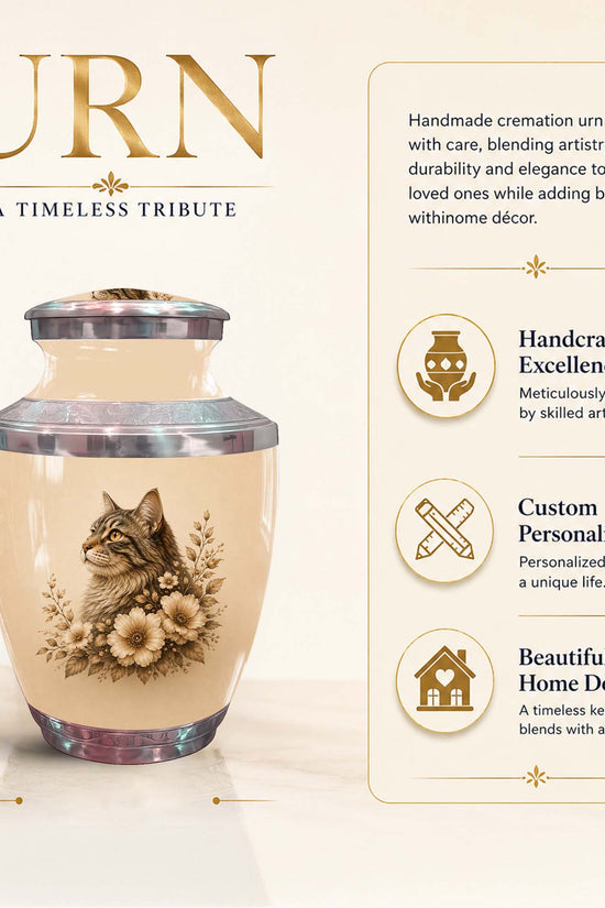 Cat Floral Urn For Ashes - Cat Themed Urns For Cremation