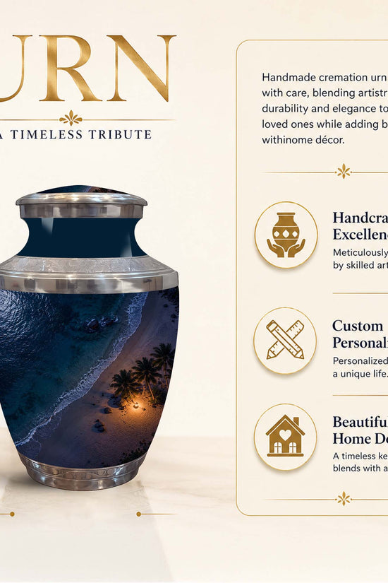 A handmade 8-inch cremation urn with a dark blue and black beach scene print, featuring silver metallic lids and base. The image includes promotional text highlighting its handcrafted excellence, custom personalization, and beautiful home decor appeal.