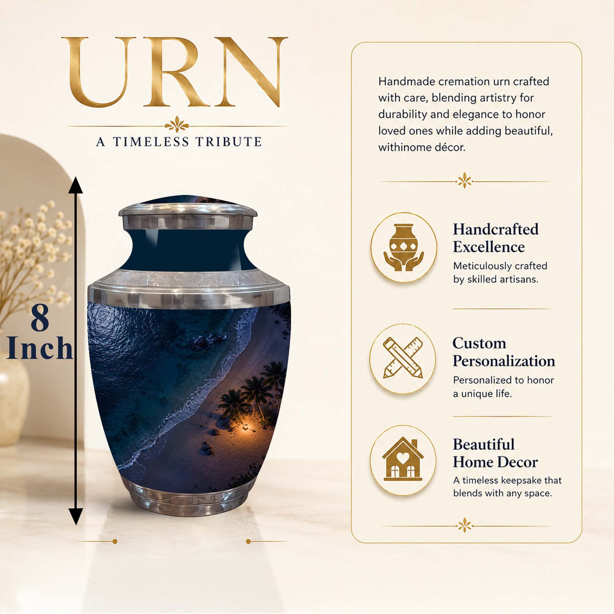A handmade 8-inch cremation urn with a dark blue and black beach scene print, featuring silver metallic lids and base. The image includes promotional text highlighting its handcrafted excellence, custom personalization, and beautiful home decor appeal.