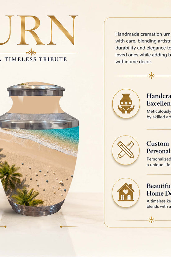 A cremation urn with a beach scene printed on the exterior, shown on a beige promotional background with text describing it as a handmade timeless tribute and listing features such as handcrafted excellence, custom personalization, and beautiful home decor. The urn has a silver lid and a multicolor beach print with sand, ocean, palm trees, and sky.