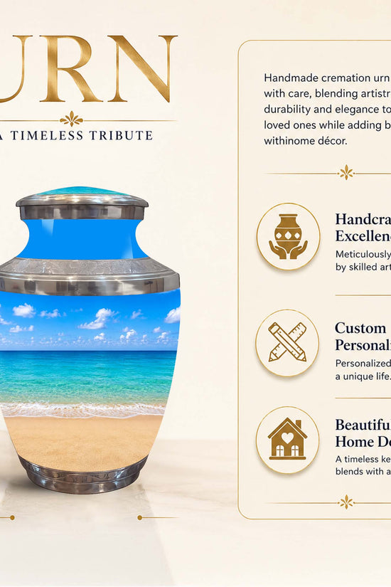 A personalized 8-inch cremation urn with a beach scene print, shown on a beige background with promotional text and icons. The urn features a blue sky and ocean design with a silver metallic rim and lid.