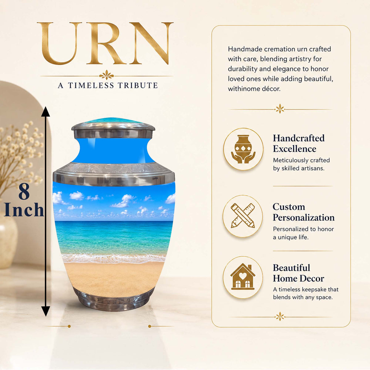 A personalized 8-inch cremation urn with a beach scene print, shown on a beige background with promotional text and icons. The urn features a blue sky and ocean design with a silver metallic rim and lid.