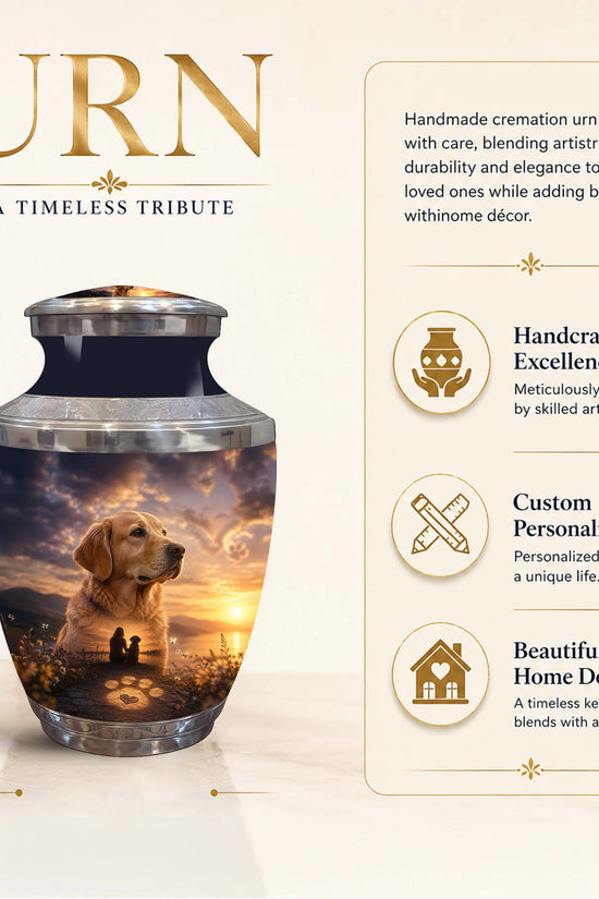 A cremation urn with a printed photo of a golden retriever and a sunset scene, shown on a beige background with product text and feature callouts. The urn is labeled 8 inches tall, with large gold text reading 'URN' and a descriptive right-side panel highlighting handmade craftsmanship, personalization, and home decor appeal.