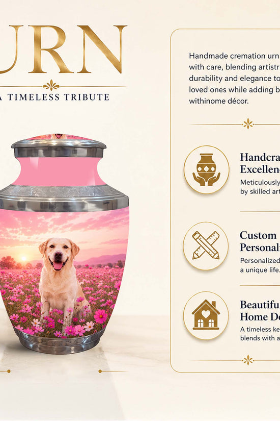 A personalized cremation urn featuring a printed photo of a yellow Labrador retriever sitting in a field of pink flowers at sunset, with a metallic silver top and base and a pink interior. The image includes marketing text, an '8 Inch' height measurement callout, and feature icons on a cream background.