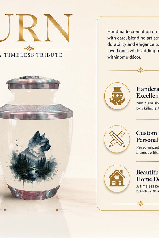 Cat Silhouette Cremation Urn For Pet - Nature Themed Urn For Cat