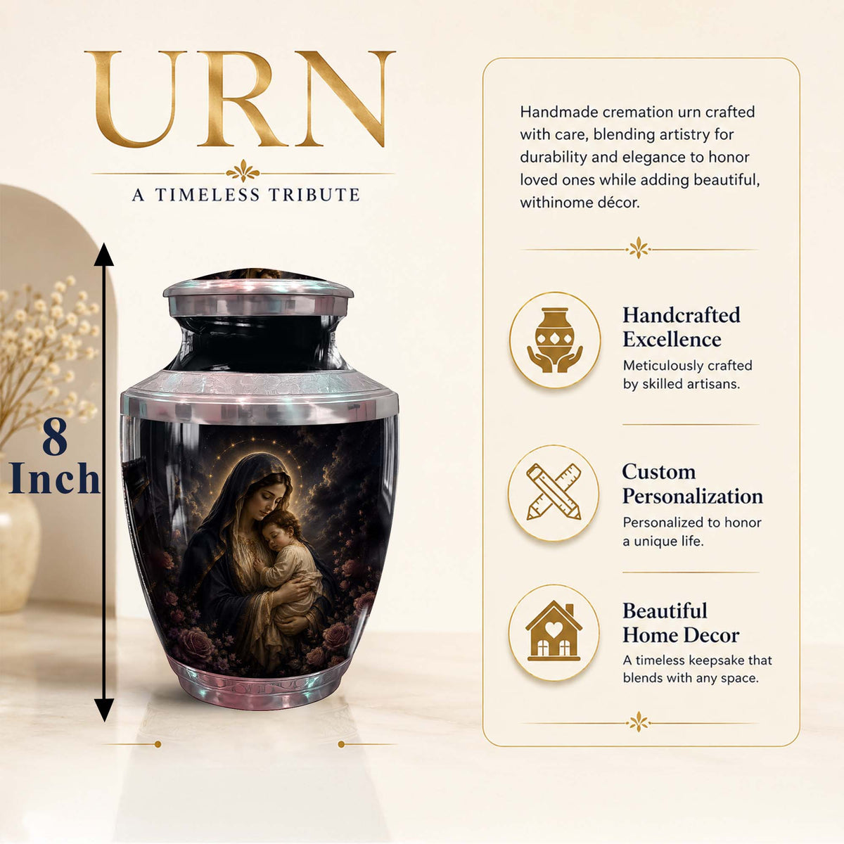 Mother Mary & Infant Jesus Urn – Religious Funeral Urn for Mother