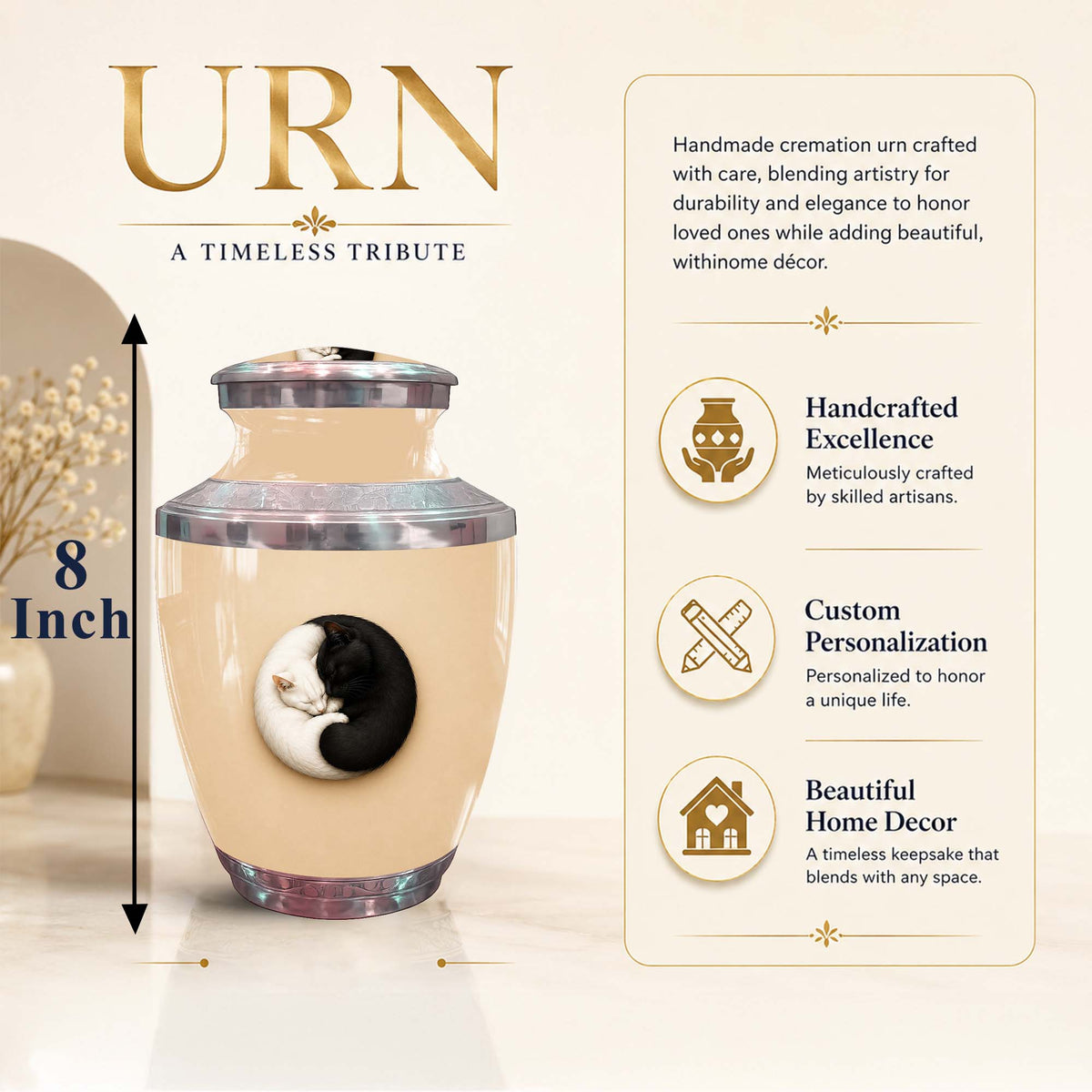 Yin Yang Memorial Urn For Cat - Unique Pet Cremation Urn For Cat