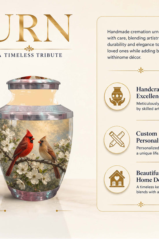 Cardinal Birds Memorial Urn For Ashes - White Blossom Funeral Urn
