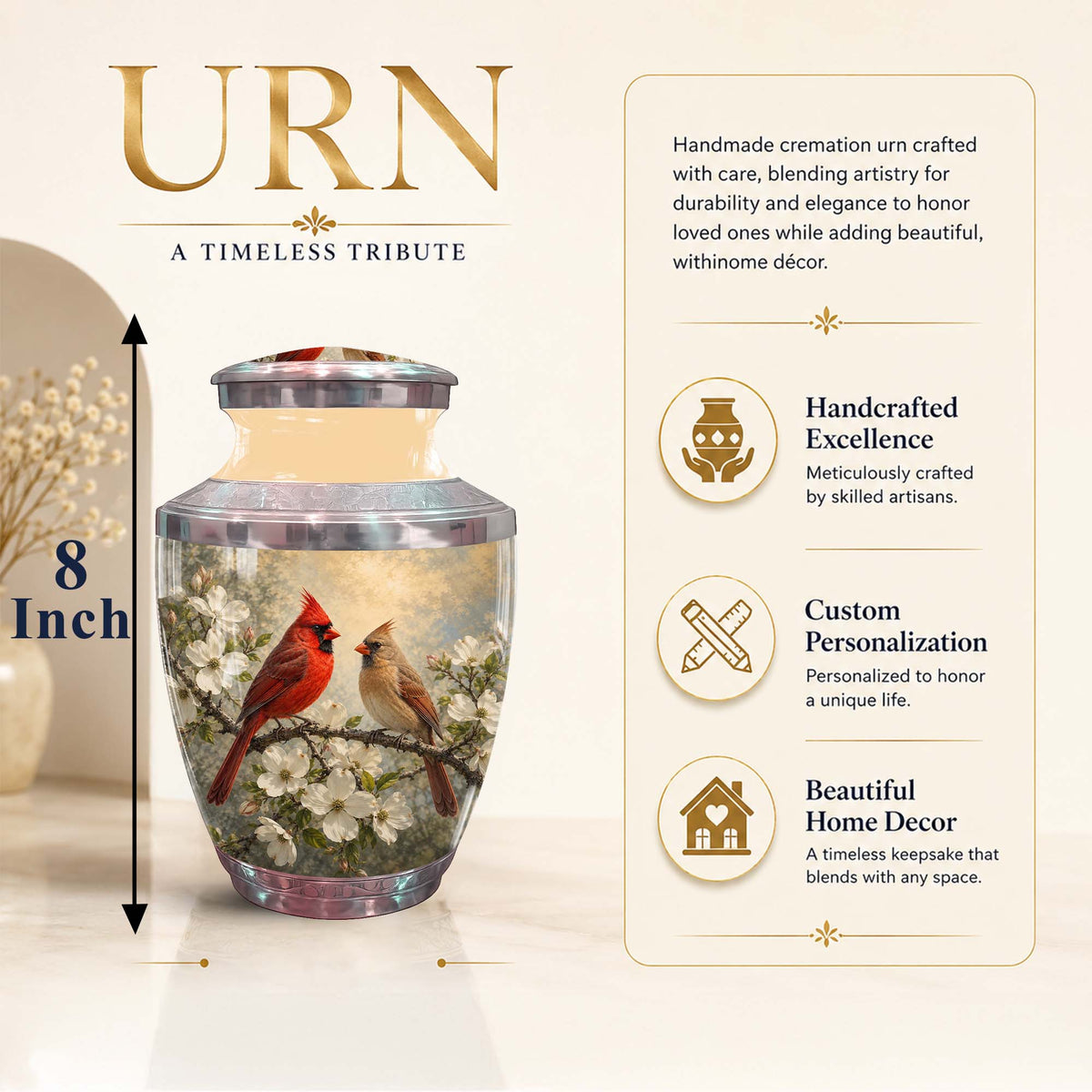 Cardinal Birds Memorial Urn For Ashes - White Blossom Funeral Urn