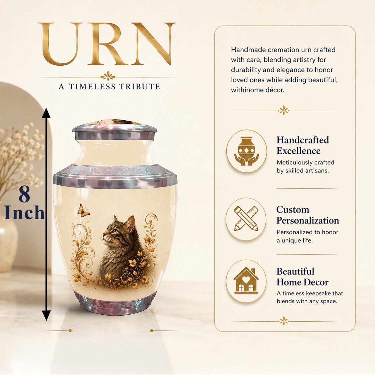 Artistic Cat Memroial Urn - Cat Themed Urn For Cremation Ashes