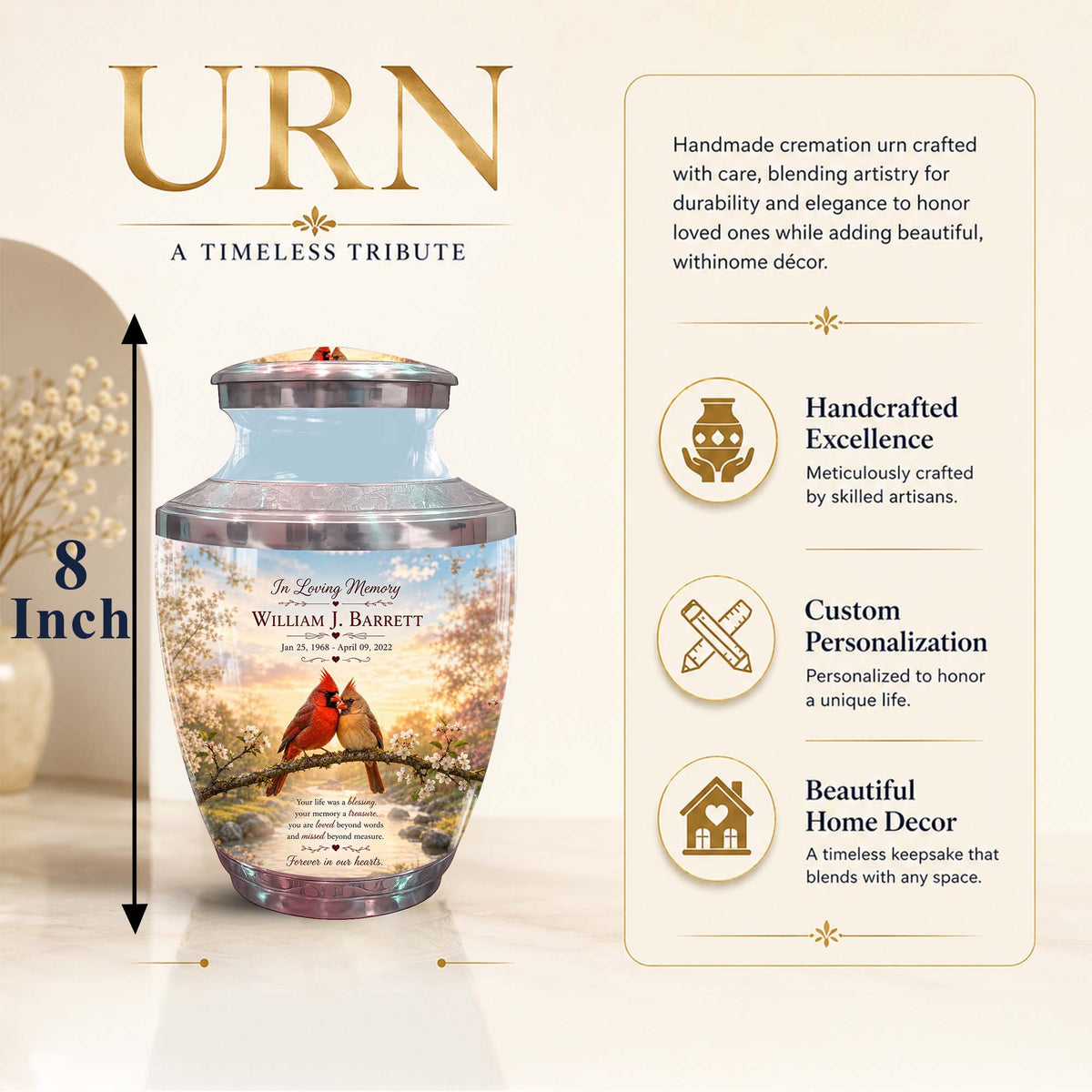 Cardinal Bird Pair Themed Urn - Bird Memorial Urn For Lovers