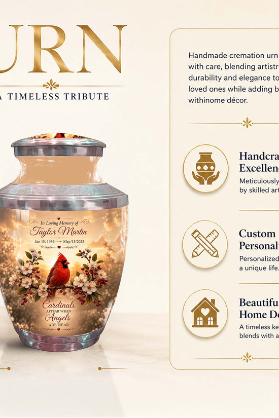 Red Cardinal Bird Memorial Urn - Floral Funeral Urns For Ashes