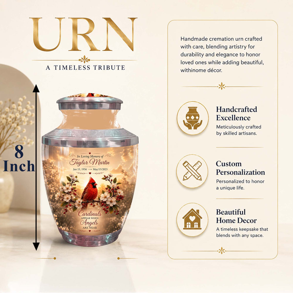 Red Cardinal Bird Memorial Urn - Floral Funeral Urns For Ashes
