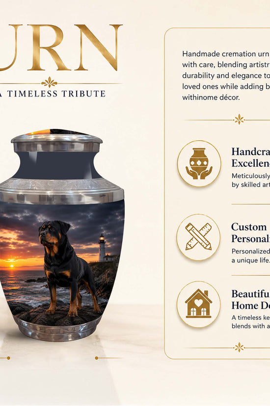 Personalized 8 inch cremation urn with a sunset dog over the ocean print, shown on a beige background with product features and dimensions.