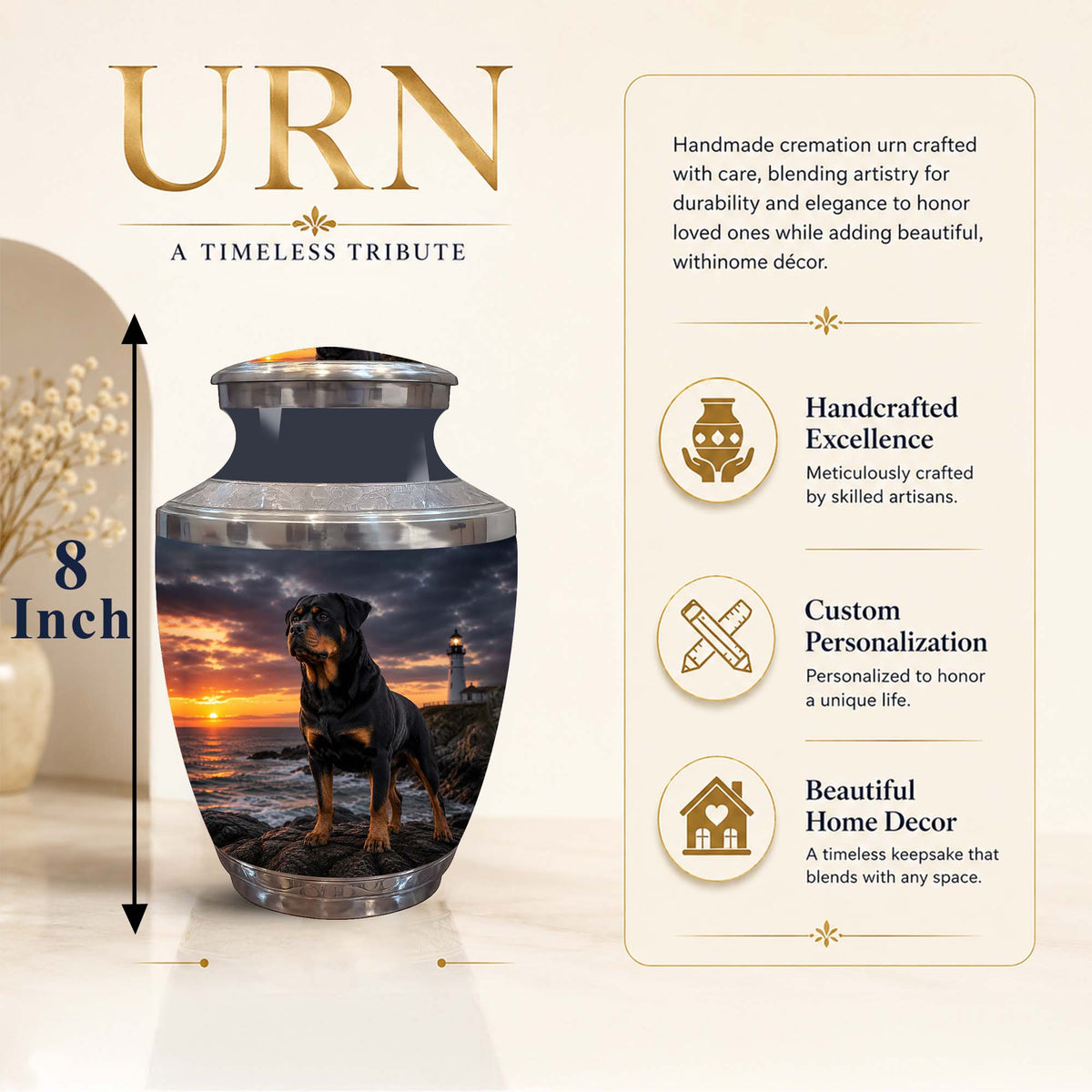 Personalized 8 inch cremation urn with a sunset dog over the ocean print, shown on a beige background with product features and dimensions.