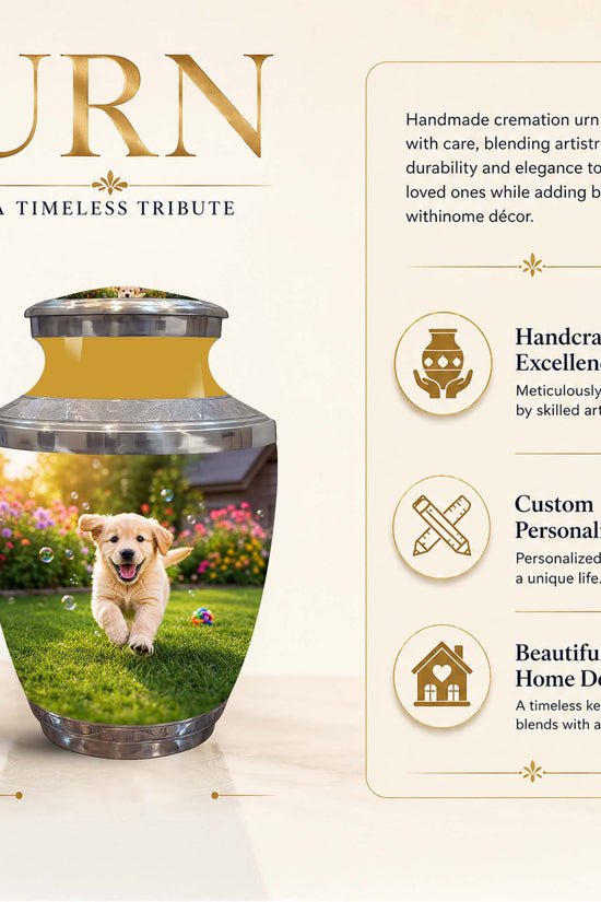 Personalized cremation urn with a customizable photo of a golden retriever on a green lawn, shown on a beige background with product features and dimensions.