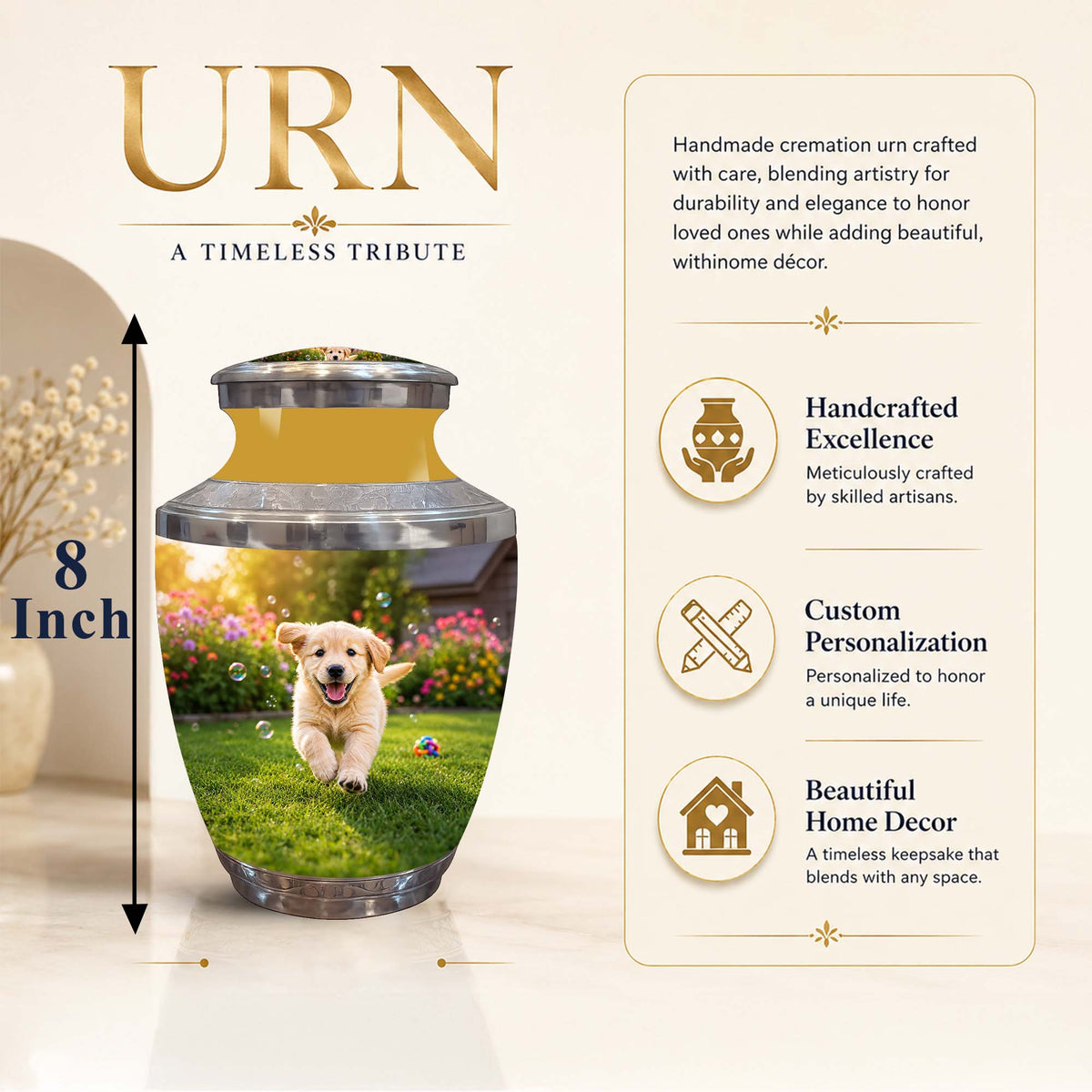 Personalized cremation urn with a customizable photo of a golden retriever on a green lawn, shown on a beige background with product features and dimensions.