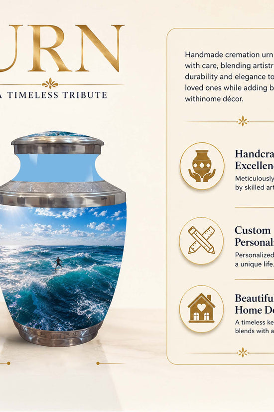 An 8-inch handmade cremation urn with a blue ocean wave print and silver metallic rim, shown on a beige background with descriptive text and feature icons.