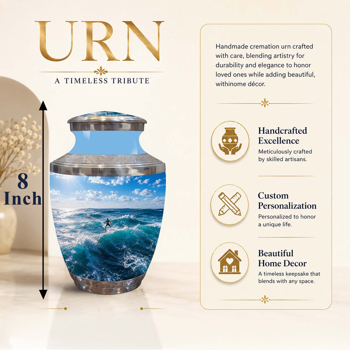 An 8-inch handmade cremation urn with a blue ocean wave print and silver metallic rim, shown on a beige background with descriptive text and feature icons.