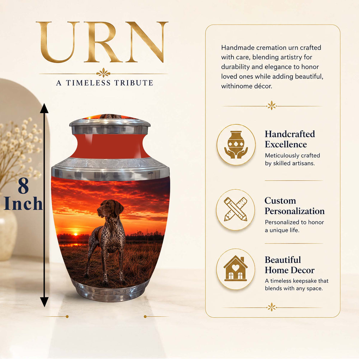 A cremation urn with a sunset landscape print of a dog, shown on a beige background with promotional text and dimensions. The urn has a red interior, a silver metallic rim, and a printed design of a spotted dog standing in a field at sunset.