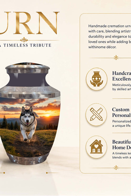 Personalized cremation urn with a printed husky on a sunset landscape, shown on a beige background with product features and dimensions.