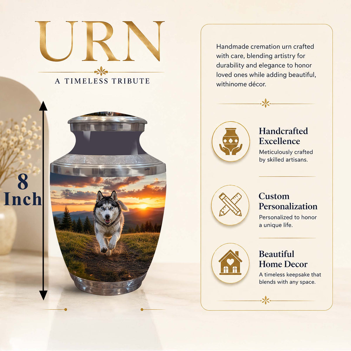 Personalized cremation urn with a printed husky on a sunset landscape, shown on a beige background with product features and dimensions.