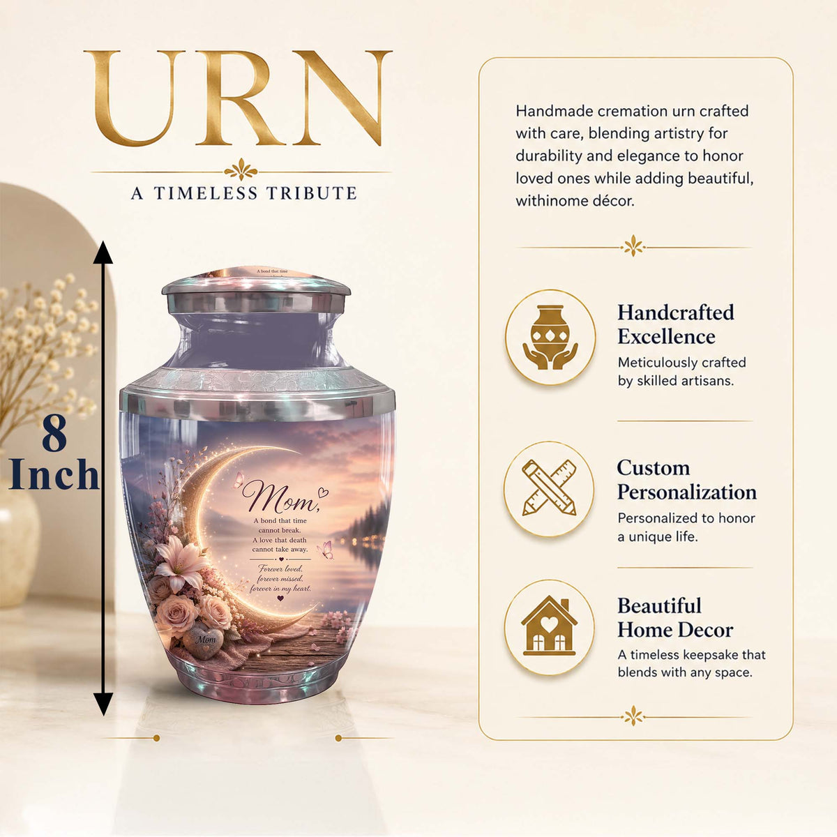 Memorial Urn for Mom – Floral Crescent Moon Cremation Urn